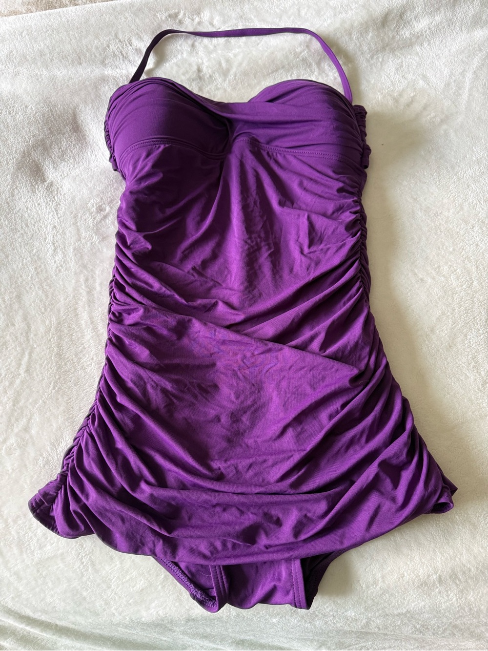 Carmen Marc Valvo Strapless Purple Ruched One-Piece Swimdress